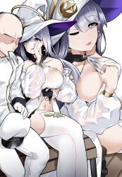 1boy 1girls azur_lane belly_button bench breasts cap cleavage clothed clothing commander_(azur_lane) earrings grey_hair guichen_(azur_lane) hat huge_breasts inviting iris_libre_(azur_lane) jewelry light-skinned_female light-skinned_male light_skin on_bench purple_eyes seductive sideboob sitting_on_bench teasing wintery_(winterywinter20) witch witch_hat