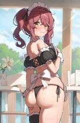 biting_lip biting_own_lip blush covering_breasts disgusted_look embarrassed idolmaster large_ass looking_back maid_bikini maid_uniform medium_breasts oosaki_tenka revealing_clothes sweaty tray wet_skin