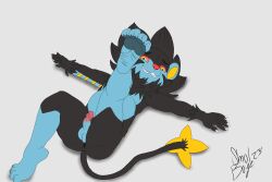 3:2 anthro anus ass balls belly black_body black_fur blue_body blue_fur clawed_fingers claws erection feet felid feline foot_focus fur generation_4_pokemon genitals hi_res humanoid lion looking_at_viewer looking_pleasured luxray lying male mammal nintendo on_back pantherine paws penis pokemon pokemon_(species) pokemon_humanoid presenting presenting_anus raised_leg red_eyes smile smol_boye soles solo spread_legs spreading toe_claws toe_curl toes yellow_body yellow_eyes yellow_fur