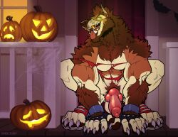 1boy 2020 animal_genitalia animal_penis anthro balls barazoku big_balls big_penis canid canine canis claws clothing domestic_dog evan_(kihu) fur furry gay genitals halloween hi_res highres holidays kihu knot looking_at_viewer male male_focus male_nipples male_only mammal manly muscular_anthro nipple_piercing nipples penis pumpkin ripped_clothing solo solo_male teeth teeth_visible werecanid werecanine weredog