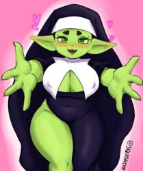 1girls belly_button_visible_through_clothing blush boob_window cleavage_cutout goblin goblin_female green_eyes green_skin hearts huge_breasts looking_at_viewer nipple_outline nun nun's_habit nun_outfit original_character outstretched_arms plump sharp_teeth shortstack side_slit squishcap_(artist) thick_eyebrows thick_thighs thighs twitter_username unusual_pupils wide_hips