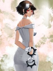 1girls alternate_costume ass ass_in_dress atlus bare_shoulders big_ass big_butt brown_hair bubble_ass bubble_butt chaosoded clothed clothed_female clothing dress earrings female female_only gloves holding_weapon knuckle_duster makoto_niijima nipple_bulge official_alternate_costume pearl_earrings pearl_necklace persona persona_5 persona_5_tactica red_eyes round_ass round_butt sideboob solo weapon wedding_dress white_dress white_gloves