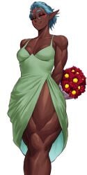 1girls arms_behind_back blue_hair bouquet closed_eyes commission dark-skinned_female dark_elf dark_skin dress elf elf_ears elf_female female female_only fit fit_female flowers light_brown_hair muscular_female muscular_thighs smile solo sotcho thick_thighs very_high_resolution white_background