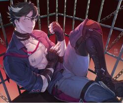 black_hair boots bulge cage chains genshin_impact gloves gray_pants kirikidu male_only nipple_piercing piercing scar wriothesley_(genshin_impact)