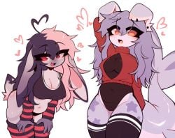 2girls big_breasts blush breasts bunny_ears bunny_girl bunny_tail furry furry_ears furry_female furry_only furry_tail heart inner_sideboob nervous_smile nipple_bulge nipples_visible_through_clothing octoberrk red_eyes smile tagme thick_thighs thigh_highs thighs