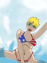 american_flag american_flag_bikini beach beach_sexy bikini blonde_female blonde_hair blonde_hair_female breasts cloud clouds countryhumans countryhumans_girl female female_only green green_eyes mr_byo sky states tomboy tummy united_states_of_america_(countryhumans) water