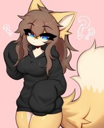 big_breasts blue_eyes breasts confused confused_look confusion fluffy fluffy_tail fox_girl furry furry_female furry_only furry_tail hoodie hoodie_only long_hair long_sleeves octoberrk question_mark tagme thick_thighs thighs