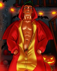 1boy 2017 american_dragon:_jake_long bara barazoku bludwing clothing costume disney gay hairy_male halloween halloween_costume hi_res highres holidays jake_long looking_at_viewer male male_focus male_only male_pubic_hair manly muscular_male penis piercing solo solo_male yaoi