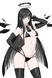 arknights bikini black_eyes black_hair elbow_gloves female gladiusfon gloves halo mole mole_under_eye navel swimsuit thighhighs virtuosa_(arknights) white_background