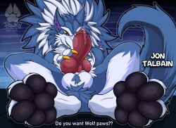 absurd_res anthro balls bodily_fluids canid canine canis capcom cum darkstalkers english_text genital_fluids genitals hi_res jon_talbain knot male male_only mammal pawpads paws pawzzhky precum solo text wolf