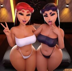 2girls 3d 3d_(artwork) alien_girl belly_button bikini bikini_bottom bikini_top blackfire blender_(software) bottom_heavy breasts cleavage clothing curvy dc dc_comics duo female female_only hi_res huge_hips huge_thighs komand'r koriand'r looking_at_viwer navel orange_skin partially_clothed sisters smitty34 starfire tagme tan-skinned_female teen_titans thick_lips thick_thighs tongue tongue_out voluptuous voluptuous_female wide_hips