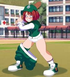 baseball baseball_bat baseball_cap baseball_uniform childish_panties deviantart embarrassed_female euf female female_only humiliation imsomethingradical kneecaps knees_bent legs panties pants_around_one_leg pichu_the_pantser red_hair robin_calloway robin_calloway_(pichu_the_pantser) sports tighty_whities tomboy