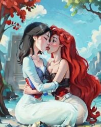 2girls ai_generated ariel ariel_(the_little_mermaid) asian_female black_hair clothed_female crossover disney disney_princess eyes_closed fa_mulan female female_only hugging kissing lesbian mulan mulan_(1998_film) multiple_girls red_hair scorpianpp self_upload stable_diffusion the_little_mermaid the_little_mermaid_(1989_film) yuri