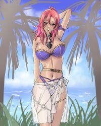 1girls 2023 alboeire alternate_costume arm_up bare_midriff bare_shoulders bikini cleavage dark_skin female female_only fire_emblem fire_emblem:_three_houses hapi_(fire_emblem) highres large_breasts looking_at_viewer necklace nintendo palm_tree purple_bikini pursed_lips red_eyes red_hair sarong see-through solo standing swimsuit