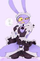 1persontyler anthro blush boob_window bunny bunny_ears confused confusion dialogue gloves heart jax_(the_amazing_digital_circus) maid maid_outfit maid_uniform male panties purple_body purple_penis sitting solo_male tagme text the_amazing_digital_circus thighs yellow_eyes yellow_mouth