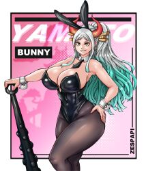 1girls big_breasts black_bunnysuit breasts brown_eyes cleavage ear_piercing earrings fake_animal_ears female female_only hair hand_on_hip hips horns huge_breasts kanabou leggings legwear long_hair neckwear one_piece solo solo_female thick_thighs thighs two_tone_hair weapon white_hair wide_hips yamato_(one_piece) zespapi