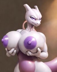 1girls 3_fingers ai_generated anthro anthro_only breasts eyelashes female female_only holding_up_breasts huge_breasts mewtwo nintendo nude nude_female pokemon pokemon_(species) purple_areola purple_eyes scorpianpp self_upload solo solo_female solo_focus stable_diffusion