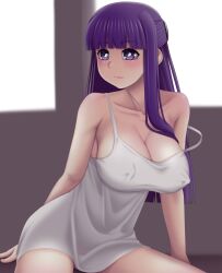 1girls alternate_version_available big_breasts breasts cleavage clothing dress female female_only fern_(sousou_no_frieren) hair huge_breasts long_hair looking_at_viewer purple_eyes purple_hair solo solo_female sousou_no_frieren white_dress yantaka