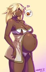 1girls amadeus_(artist) babydoll belly big_belly big_breasts blonde_hair breasts burger cupless_babydoll dark-skinned_female dark_skin female guilty_gear hand_on_belly nippleless_clothes nipples outie_navel panties pregnancy_cravings pregnant ramlethal_valentine solo speech_bubble