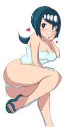 1girls ass big_ass big_breasts blue_eyes blue_hair blush breasts cleavage feet female female_only footwear game_freak hair heart heart hips huge_ass huge_breasts lana's_mother_(pokemon) mature mature_female mature_woman milf mother one-piece_swimsuit pabsmikan pokemon pokemon_sm ponytail sandals smile solo solo_female swimsuit swimwear white_swimsuit