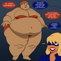 2girls bbw belly big_belly big_breasts bikini blonde_hair breasts cartoon_network cleavage cookies-cat dialogue fat female huge_belly huge_breasts obese orange_hair overweight solo_focus stripperella text thunder_thighs weight_gain