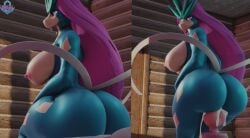 3d_(artwork) anthro ass big_breasts big_butt blue_body breasts digital_media_(artwork) dildo dildo_sitting female generation_2_pokemon hair hi_res huge_butt legendary_pokemon looking_at_viewer looking_back looking_back_at_viewer nintendo penetration pokemon pokemon_(species) purple_hair sex_toy solo suicune xlkev