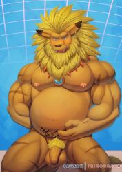 anthro balls bandai_namco biceps bodily_fluids digimon digimon_(species) felid genitals hi_res lactating leomon lion male male_lactation male_only mammal mane muscular muscular_anthro muscular_male nipples pantherine pecs penis pregnant pregnant_male primodrago