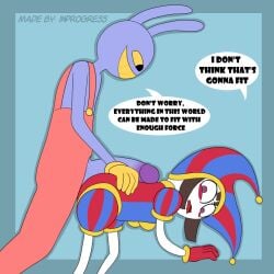 1:1 2023 2d 2d_(artwork) 2d_artwork absurd_res anthro ass big_penis brown_hair bunny bunny_ears clothed clothing dialogue doggy_style duo english_text female genitals glitch_productions gloves gooseworx hi_res imminent_sex inprogress jax_(the_amazing_digital_circus) jester jester_cap jester_costume jester_girl jester_hat jester_outfit lagomorph leporid looking_at_penis male male/female mammal open_mouth penis pomni pomni_(the_amazing_digital_circus) purple_body purple_penis questionable_consent rabbit short_hair size_difference standing tagme text the_amazing_digital_circus white_body yellow_eyes yellow_mouth