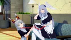 2girls 3d 3d_(artwork) blue_eyes breasts cat_ears catgirl chain_leash chains clothed collar dominant_female femdom femsub head_wings high_entia holding_leash leash leash_and_collar long_hair looking_at_viewer maid_uniform melia_antiqua multiple_girls multiple_subs nia nia_(xenoblade) purple_moon royalty short_hair silver_hair sub_dominating_sub submissive submissive_female wings xenoblade_(series) xenoblade_chronicles_3 yellow_eyes