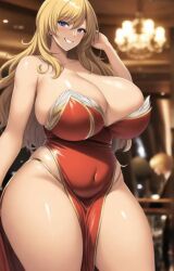 1girls ai_generated big_breasts blonde_hair blue_eyes breasts curvaceous curvy curvy_female curvy_figure dress dress_slit eyes female female_focus female_only huge_breasts large_breasts light-skinned_female light_skin original original_character shawntheimmortal942 smile smiling stable_diffusion standing teeth teeth_showing thick thick_thighs voluptuous voluptuous_female wide_hips