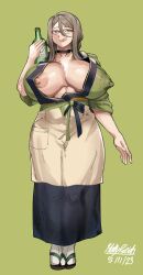 1girls areola_slip areolae big_breasts bottle breasts brown_eyes brown_hair cleavage exposed_breasts eyewear female female_only full_body hair holding_bottle holy_reich huge_breasts kimono lycoris_recoil mature mature_female mature_woman nakahara_mizuki one_breast_out solo solo_female tongue tongue_out