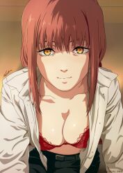 1girls alternate_version_available big_breasts black_pants bra braid breasts chainsaw_man cleavage female female_only hair huge_breasts lace lace-trimmed_bra lace_trim lingerie looking_at_viewer makima_(chainsaw_man) nolia open_shirt pants pov red_bra red_hair shirt solo solo_female white_shirt yellow_eyes