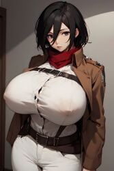 ai_generated attack_on_titan big_breasts black_eyes blue_hair brown_jacket female_only huge_breasts hyper_breasts jacket jacket_open mikasa_ackerman red_scarf rin8608 scarf scout_uniform shingeki_no_kyojin