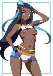 1girls areolae big_breasts black_hair blue_eyes bottomwear breasts breasts_out ear_piercing earrings female female_only game_freak gym_uniform hair hand_behind_head hand_on_hip hips long_hair necklace neckwear nessa_(pokemon) nipples pokemon pokemon_ss shorts solo solo_female topwear white_shorts wide_hips zabbraea