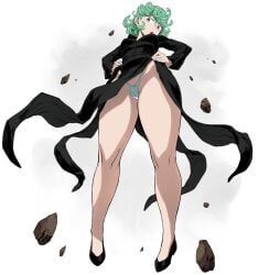 1girls black_dress breasts colored dress flats full_body green_eyes green_hair hands_on_hips heels looking_at_viewer looking_down mogudan one-punch_man panties solo tatsumaki thick_thighs thighs white_panties