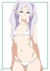 1girls bikini bikini_bottom bikini_top bottomwear ear_piercing earrings female female_only flat_chest frieren green_eyes hair micro_bikini pointy_ears solo solo_female sousou_no_frieren swimwear topwear twintails white_bikini white_hair zabbraea