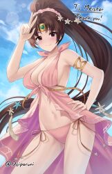 1girls 2023 alternate_costume bikini blush breasts brown_eyes brown_hair cleavage doiparuni female female_only fire_emblem fire_emblem:_mystery_of_the_emblem fire_emblem:_shadow_dragon_and_the_blade_of_light fire_emblem_heroes hair_ornament highres large_breasts linde_(fire_emblem) linde_(summer)_(fire_emblem) long_hair looking_at_viewer medium_breasts nintendo official_alternate_costume pink_bikini pink_swimsuit ponytail smile solo standing swimsuit v very_long_hair