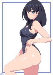 1girls ass big_ass black_hair blue_eyes blue_swimsuit breasts female female_only hair hips long_hair one-piece_swimsuit side_view sideboob solo solo_female ssss.gridman swimsuit swimwear takarada_rikka thick_thighs thighs wide_hips zabbraea