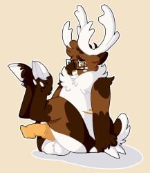 anthro antlers balls cervine deer dragunsnack eyewear forrest_(dragunsnack) genitals glasses hi_res hooves horn looking_at_viewer male mammal mastectomy_scar medial_ring new_world_deer nipples reindeer scar shy simple_background solo