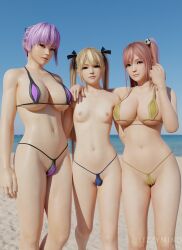 3d 3girls ayane_(doa) beach bikini blonde_hair blue_bikini blue_eyes breasts cleavage dead_or_alive female female_only g-string honoka_(doa) huge_breasts lizzymind marie_rose multiple_girls nipples outdoors outside pink_eyes pink_hair purple_bikini purple_hair red_eyes small_breasts teardrop_bikini teardrop_bikini_bottom yellow_bikini