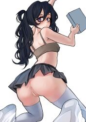 1girls ass black_hair blush bottomless heterochromia long_hair looking_at_viewer looking_back nipples_visible_through_clothing no_panties nooramormaan original original_character partially_clothed presenting pussy shoes skirt socks solo white_background