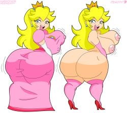 1girls artist_name ass back big_ass big_breasts big_butt blonde_hair blue_eyes breasts clothing dress elbow_gloves female female_only full_body gloves habbodude highres long_hair mario_(series) megabippy multiple_views nintendo nipple_bulge nipples open_mouth pink_dress princess_peach shoes simple_background smile solo standing super_mario_bros. thighhighs tight_clothing white_background yellow_hair