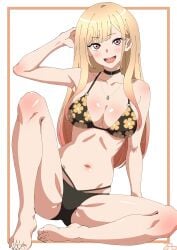 1girls accurate_art_style big_breasts bikini bikini_bottom bikini_top black_bikini blonde_hair bottomwear breasts canon_underwear cleavage feet female female_only gyaru hair huge_breasts kitagawa_marin lips long_hair necklace neckwear purple_eyes smile solo solo_female sono_bisque_doll_wa_koi_wo_suru swimwear thighs topwear zabbraea