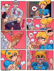 1boy 1boy1girl 1girls blonde_hair blowjob brawl_stars byron_(brawl_stars) clothed clothed_female clothing comic comic_page cum cum_in_mouth dilf elummer fellatio female gamtramp male oral oral_penetration oral_sex piper_(brawl_stars) simple_background speech_bubble supercell sweat syrup text white_hair