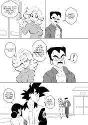 2boys 2girls big_breasts black_and_white blush breasts chichi dragon_ball dragon_ball_super dragon_ball_z earrings female funsexydragonball male monochrome moustache son_goku sweater vegeta