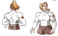 2020s 2023 2girls adora animal_ears back_view blonde_female blonde_hair blue_eyes blush breasts brown_pants cat_ears catgirl catra clothing female female_only first-second front_view fully_clothed human humanoid large_breasts light-skinned_female light_skin long_hair looking_to_the_side muscles muscular muscular_female pants ponytail she-ra_and_the_princesses_of_power shirt simple_background solo_focus thick_thighs white_background white_shirt yuri