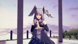 3d 3d_(artwork) angry arm_gloves black_dress blue_eyes breasts choker covering_breasts dress exposed_breasts gloves head_wings high_entia long_hair melia_antiqua nintendo purple_moon silver_hair wings xenoblade_(series) xenoblade_chronicles_3