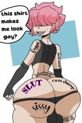 1boy bangs_over_eyes big_balls big_butt blinding_bangs body_writing bottom_heavy english_text faggot femboy fingerless_gloves furu_flami furu_ice hair_covering_eyes hair_over_eyes male male_only messy_hair pink_hair sharp_teeth slur slutty_outfit solo tattoos text thick_ass thong