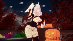 3d 3d_(artwork) blue_eyes breasts candles candy demon_wings female female_only fishnets fondling_breast fondling_self halloween halloween_costume hand_on_breast head_wings jack-o'-lantern long_hair looking_at_viewer melia_antiqua nipples panties purple_moon royalty seductive silver_hair smiling solo solo_female thighhighs wings xenoblade_(series) xenoblade_chronicles_3