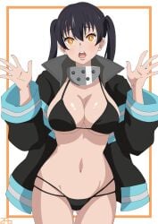 1girls big_breasts bikini bikini_bottom bikini_top black_bikini black_hair bottomwear breasts cleavage coat enen_no_shouboutai female female_only fire_force hair hips huge_breasts kotatsu_tamaki solo solo_female swimwear topwear twintails yellow_eyes zabbraea